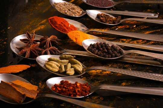 Cooking table with spices and herbs. © Swanand