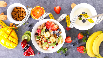 diet food concept- granola, yogurt and fruit with meter
