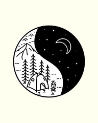 the camp in the night in yin yang concept , mono line art, patch badge design vector design, Tee design, T-Shirt Design