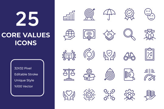 Core Values of Business Editable Stroke Thin Line Icon Set