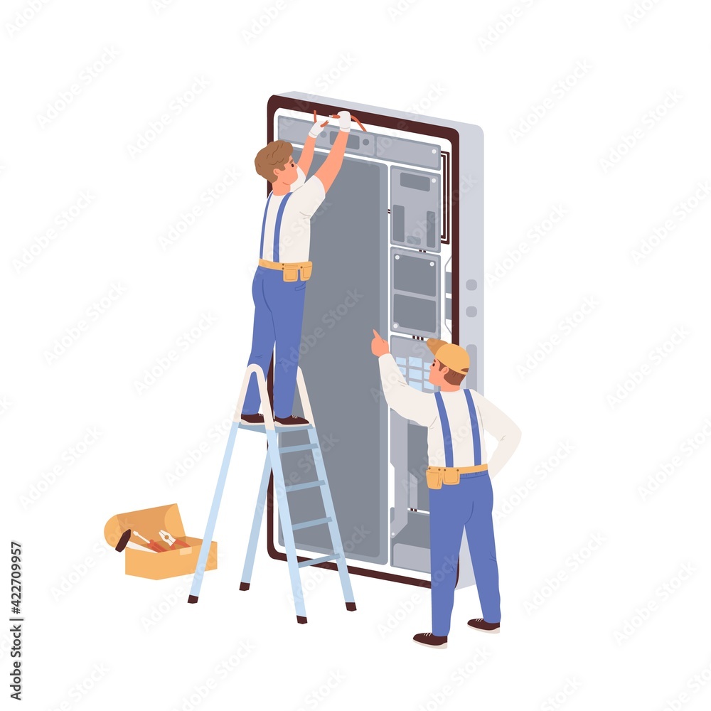 Poster masters repairing huge mobile phone isolated on white background. tiny people fixing smartphone in g