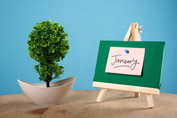 January written on a sticky note on a mini green notice board with a plant with blue background.