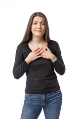 Young caucasian woman standing with expression of faux sympathy on the white background.