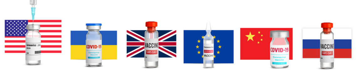 Vaccines for immunization against COVID-19 and flags of different countries on white background