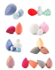 Set of makeup sponges on white background