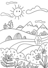 Naklejka premium Nature landscape kids coloring page for print. 