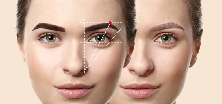 Young woman before and after eyebrow correction on light background, closeup