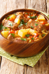 Italian beef stew with potatoes, carrots and celery close-up in a bowl on the table. vertical