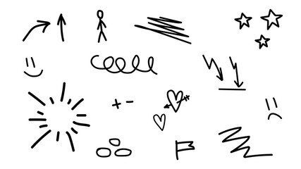 Hand drawn doodles set. Hearts, lightning bolts, emoticons, different icons and so on. Vector illustration