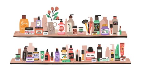 Beauty and skincare cosmetic products, decorative cosmetics, makeup items, perfumery and toiletries in bottles and tubes on shelves. Colored flat vector illustration isolated on white background