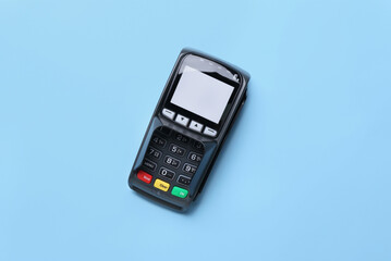 Payment terminal on color background