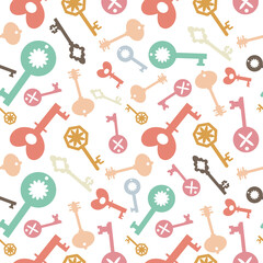 Pattern with different colorfull keys. Endless texture on white background. For fabtic print, notebook cover, wrapping paper, background.