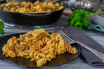 minced meat meal with pasta and cabbage
