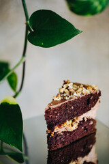 A delicious piece of cake lies on a mirrored table