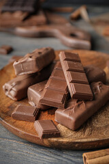 Plate with chocolate on dark background