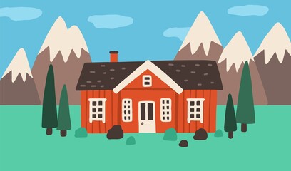 Naklejka premium Exterior of little wooden village house in nature among trees and mountains. Countryside landscape with sweet nordic home. Colored flat vector illustration of rural building in Scandinavian style