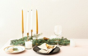Beautiful table setting on light background