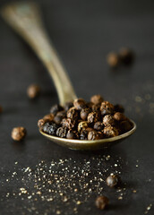Black pepper on spoon. Main Subject in Focus and Surroundings are in Blur 