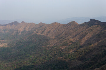 Suvela Machi a long strip of fortified walls and hill view of Rajgad fort, Pune, Maharashtra, India.