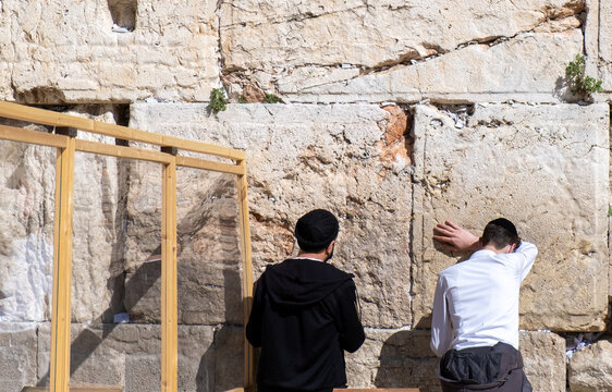 Undefined ultra-orthodox jewish persons prays next to Western Wall in Jerusalem