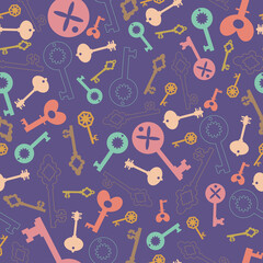 Pattern with keys. Flat style illustration. Endless texture on violet background.