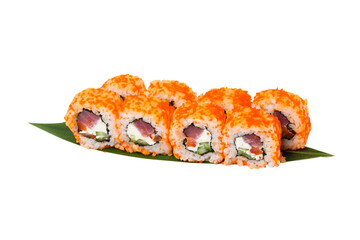 Sushi with tuna fish, caviar, cheese, rice and nori, isolate on white copy space