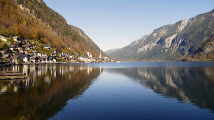View of Hallstatt village in the autumn by the lake side in Austria	