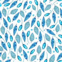 New Year's pattern of Christmas tree decorations and fluffy branches.