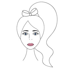 Ladys face. Sketch. Head of a woman full face. Vector illustration. Long hair tied in a bow in a ponytail. Blue eyes. Lips are painted with pink lipstick. Long eyelashes. Mysterious female portrait. 