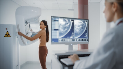 Computer Screen in Hospital Radiology Room: Beautiful Multiethnic Adult Woman Standing Topless...
