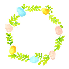 Pastel eggs and fern wreath watercolor hand painting for decoration on Easter festival.
