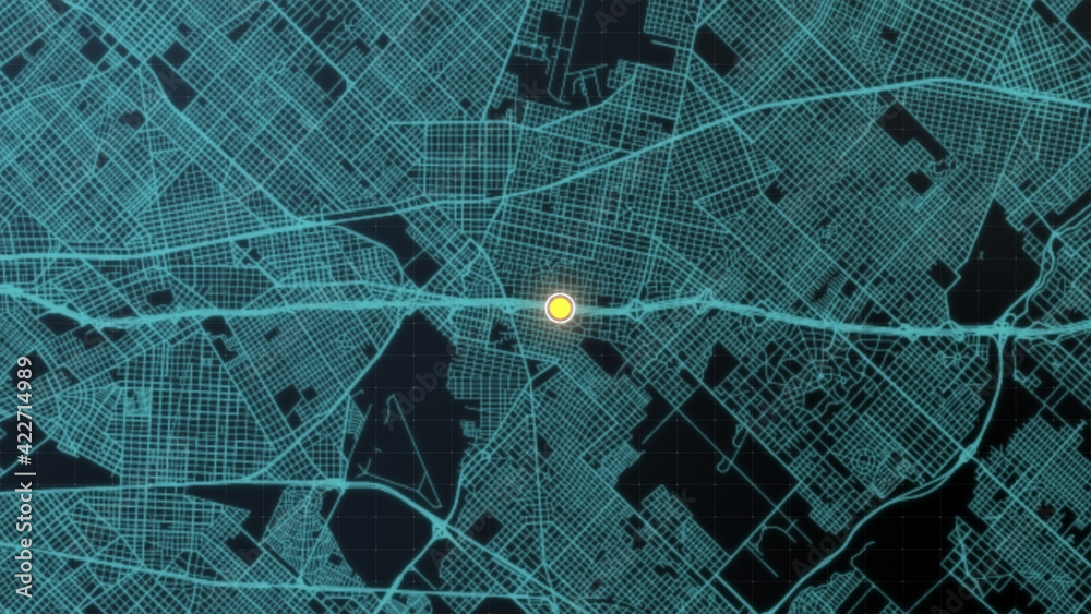 Aufkleber Futuristic digital city map layout with satellite GPS coordinate searching and target tracking, interface head up display screen with data telemetry information for background display
