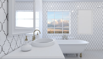 Bathroom interior bathtub. 3D rendering.. Empty paintings