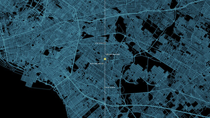 Futuristic digital city map layout with satellite GPS coordinate searching and target tracking, interface head up display screen with data telemetry information for background display