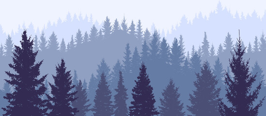 Obraz premium Silhouette of forest, wallpaper of nature. Beautiful landscape, fir trees. Vector illustration
