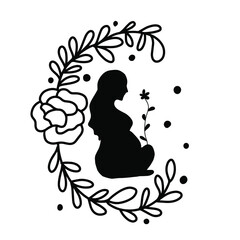 Pregnancy woman silhouette with floral tiara. Health motherhood, mental health. Mothers healthcare concept vector illustration. Meadow flowers decoration symbols of life and miracle.