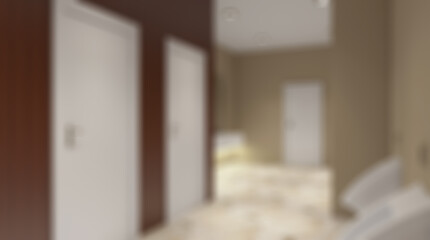 Unfocused, Blur phototography.  Clean public toilet room empty with wooden partition. 3D renderi