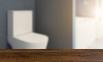 Fototapeta na wymiar Background with empty table. Flooring. Freestanding bath with towels in grey modern bathroom. 3D render