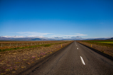 Fototapeta na wymiar Summer landscape and road in Southern Iceland, Europe