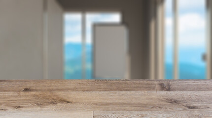 Background with empty wooden table. Flooring. Modern meeting room. 3D rendering.. Blank paintings.  Mockup.