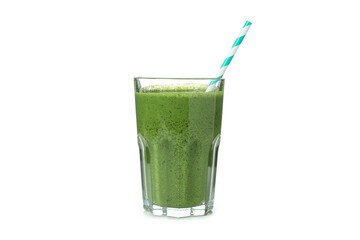 Glass of green smoothie isolated on white background