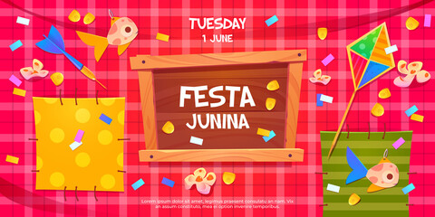 Festa Junina cartoon flyer, invitation on party