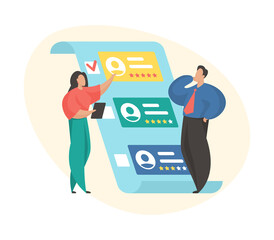 Human resources and hiring concept. Female and male cartoon characters HR managers choosing best candidate. Searching for new employee. Recruit agents comparing employees rating. Vector illustration