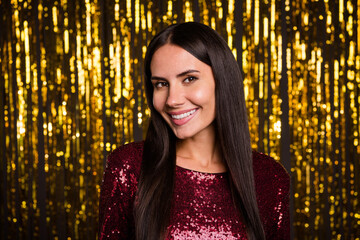 Photo of nice optimistic brunette hairdo lady wear red top isolated on shiny gold color background