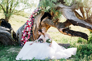 two brides with bouquets are sitting on the background of a decorated tree in a meadow