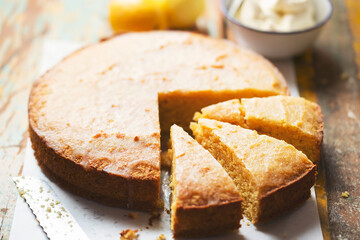 Flour-less lemon drizzle cake with cooked lemons and polenta