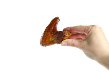 Female hand hold baked chicken wing, isolated on white background