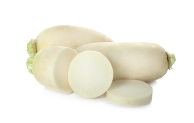 Sliced and whole fresh ripe turnips on white background