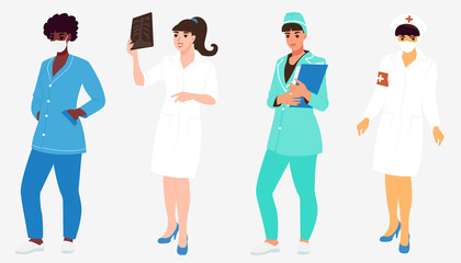 A set of girls nurses, doctors of different nationalities. African American, Asian and white female medical professional. Flat vector illustration