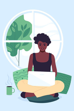 A young African American woman works at home using a laptop. Spring or summer outside the window. Flat vector illustration